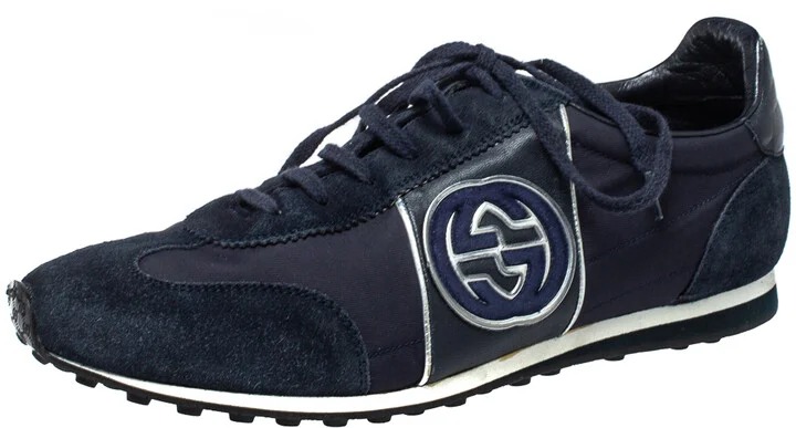 Gucci Navy Blue Suede and Fabric Interlocking G Lace Up Sneakers Size 42