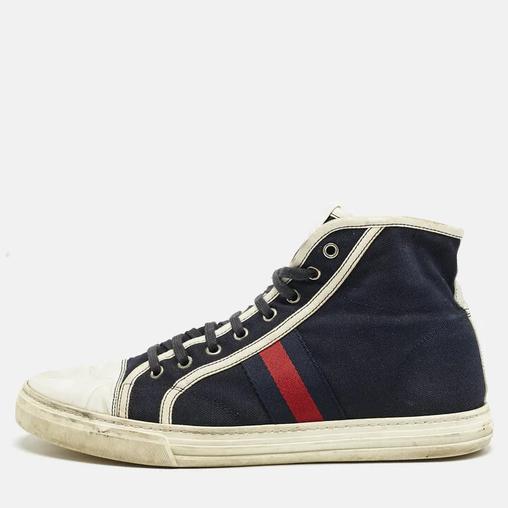 Gucci Navy Blue/White Canvas and Leather Web Detail High Top Sneakers Size 43