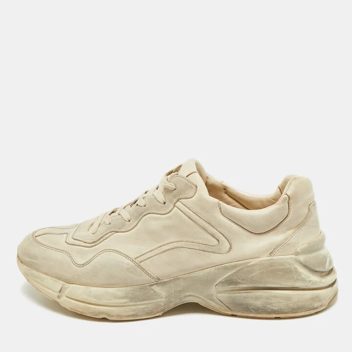 Gucci Off White Leather Distressed Rhyton Sneakers Size 46.5