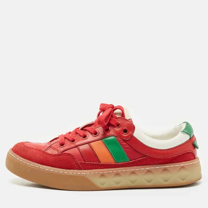 Gucci Red Leather and Nylon SS Stripe Lace Up Sneakers Size 38.5