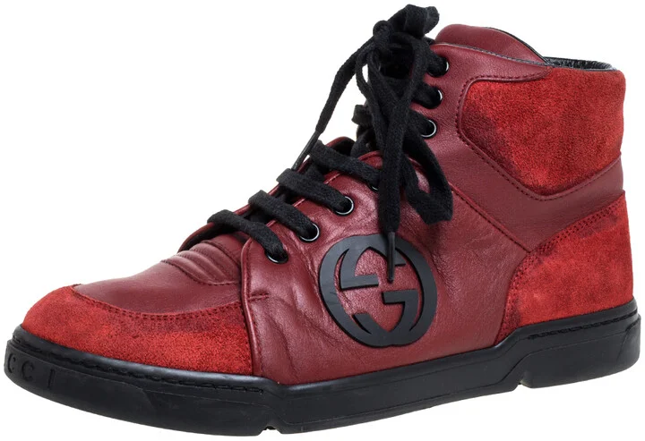 Gucci Red Leather And Suede High-Top Sneakers Size 40