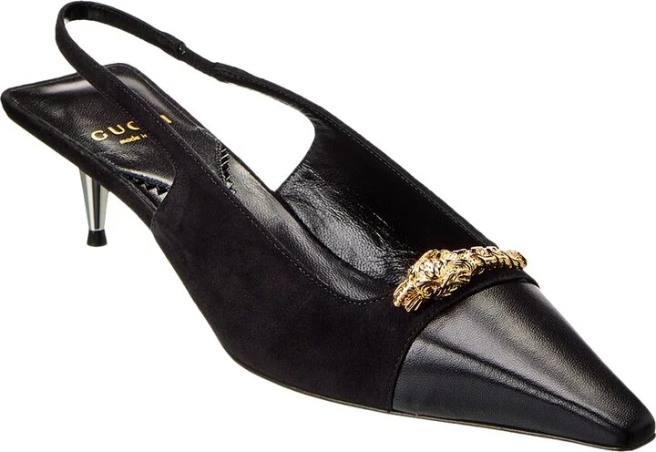 Gucci Tiger Head Leather & Suede Slingback Pump