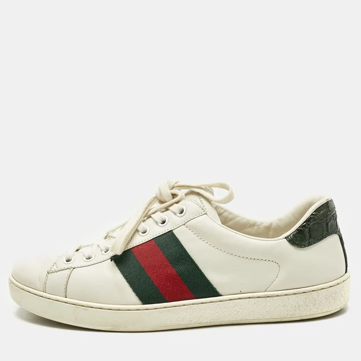Gucci White Crocodile Leather and Leather Ace Lace Up Sneakers Size 40