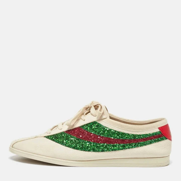 Gucci White Glitter and Leather Falacer Lace Up Sneakers Size 43
