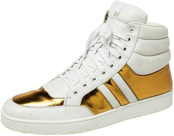 Gucci White/Gold Leather Lace Up High Top Sneakers Size 43.5