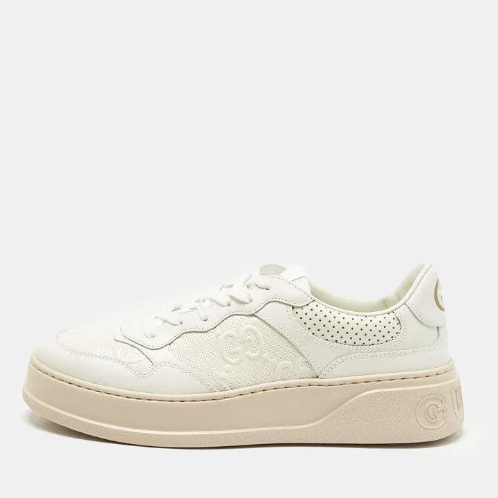 Gucci White Jumbo GG Embossed Leather Low Top Sneakers Size 41.5