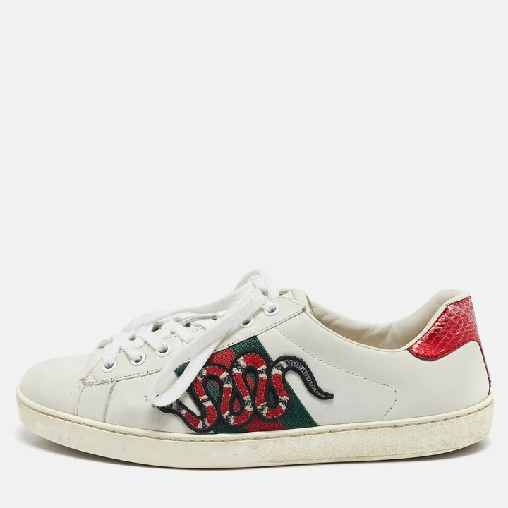 Gucci White Leather Ace Snake Low Top Sneakers Size 40.5