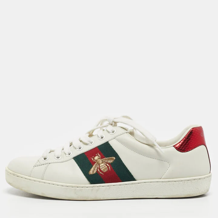 Gucci White Leather Embroidered Bee Web Ace Sneakers Size 40.5