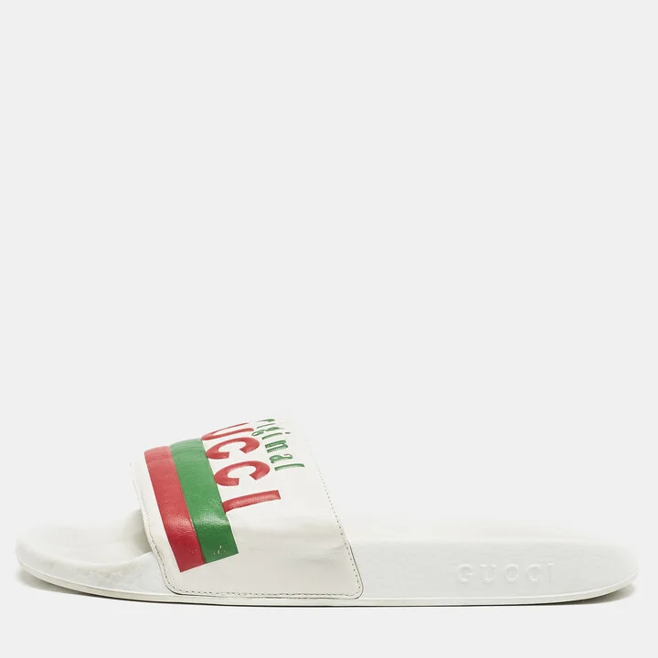 Gucci White Leather Original Flat Slides Size 43