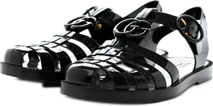 Gucci Women's Leather Shiny Rubber Double G Buckle Strap Sandals 35 Black (Authentic Pre-Loved)
