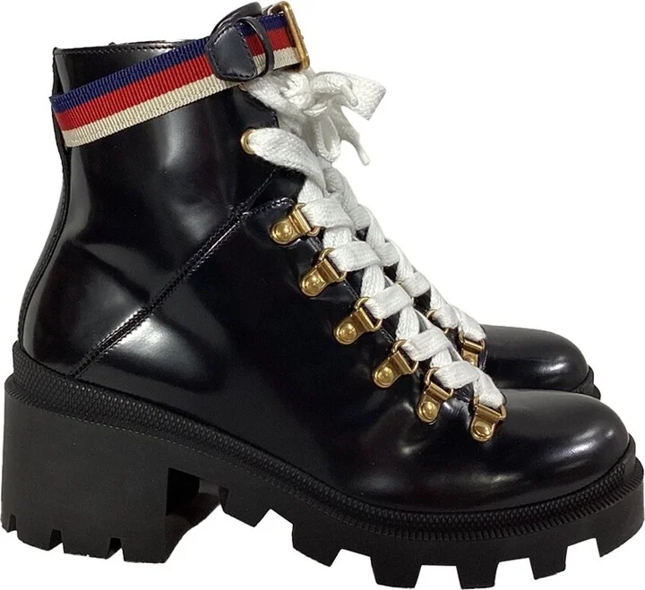 Gucci Women's Leather Trip Lug Sole Combat Boot (Authentic Pre-Loved)