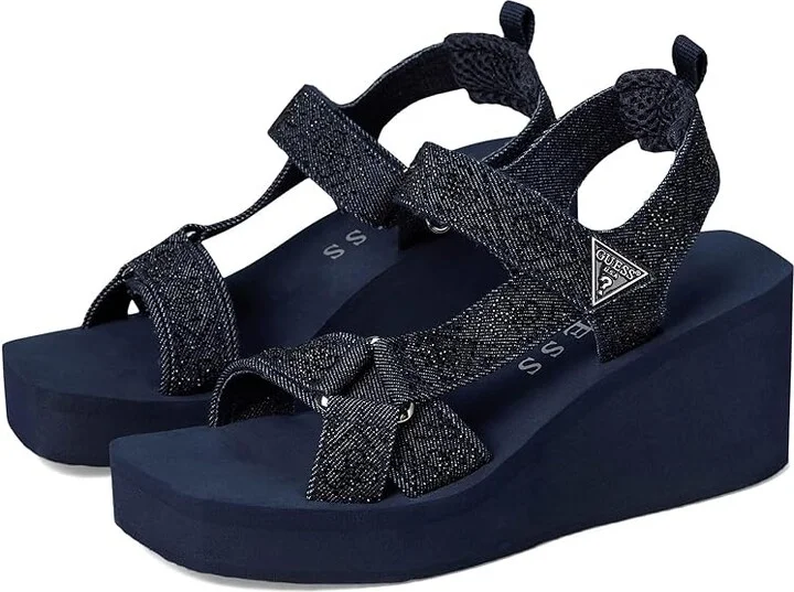 GUESS Dawsin Women's Sandals Black Denim Rhinestone Logo : 7 M, Synthetic