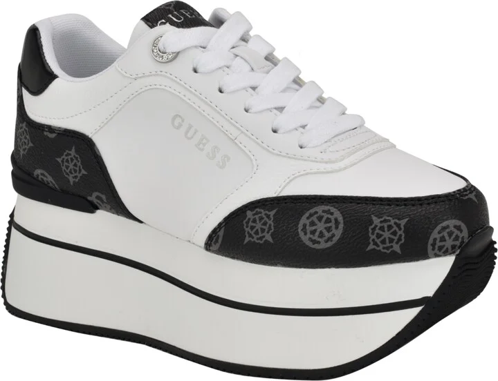 Guess Women's Camrio Casual Double Platform Lace Up Sneakers - White/Black Multi Logo