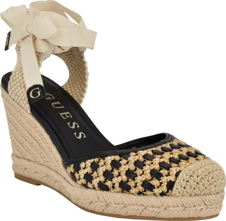 Guess Women's Cylenam Ankle Wrap Espadrille Wedge Sandals - Black/Light Natural