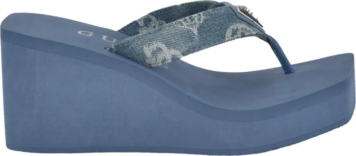 Guess Women's Demmey Logo Thong Square Toe Wedge Sandals - Dark Blue Denim - Textile, Manmade - Image 2