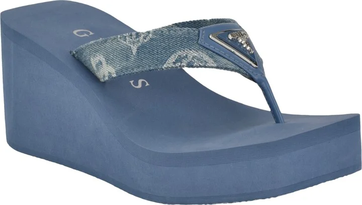 Guess Women's Demmey Logo Thong Square Toe Wedge Sandals - Dark Blue Denim - Textile, Manmade