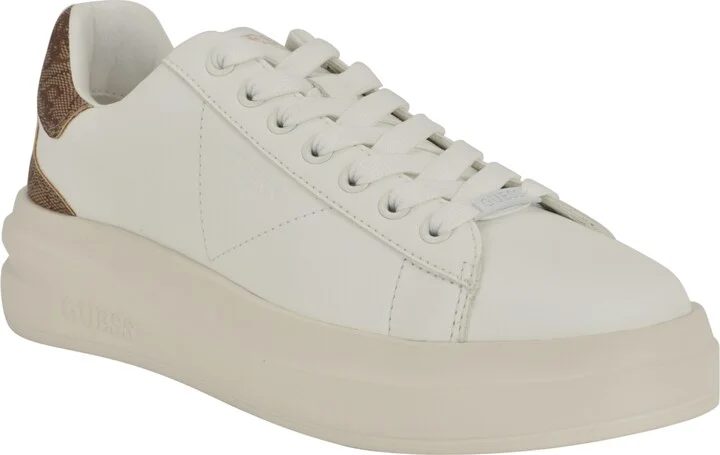 Guess Women's Elbina Contrast Heel Lace-Up Sneakers - White/Medium Brown Logo