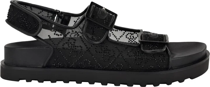 Guess Women's Frella Two Band Embellished Footbed Sandals - Black/White Rhinestone Logo Mesh - Image 2