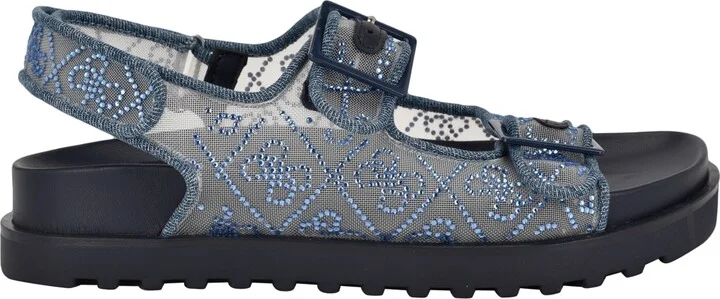 Guess Women's Frella Two Band Embellished Footbed Sandals - Black/White Rhinestone Logo Mesh - Image 6