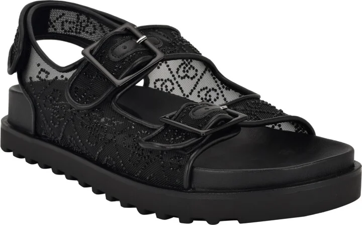 Guess Women's Frella Two Band Embellished Footbed Sandals - Black/White Rhinestone Logo Mesh