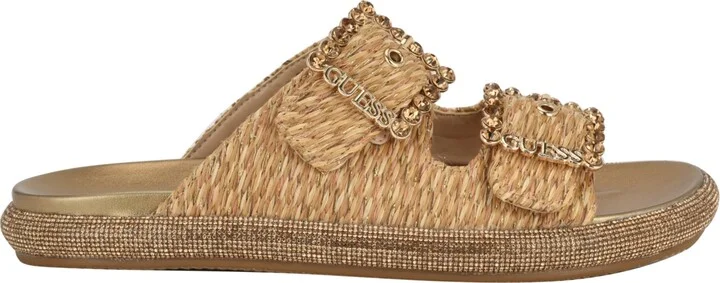 Guess Women's Funzya Embellished Double Band Footbed Sandals - Light Natural Straw/Raffia - Image 2