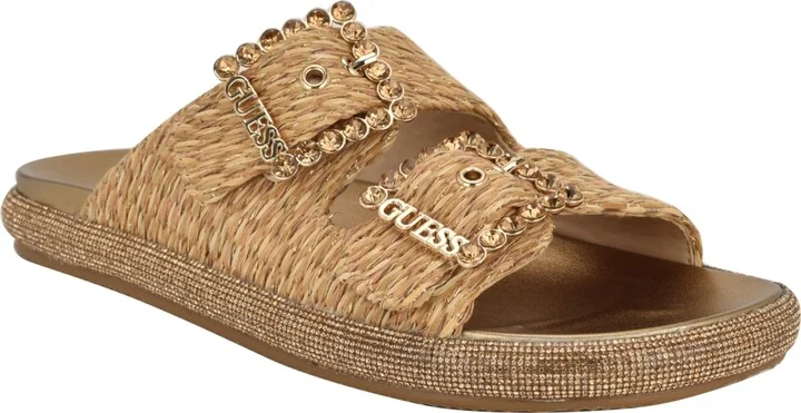 Guess Women's Funzya Embellished Double Band Footbed Sandals - Light Natural Straw/Raffia