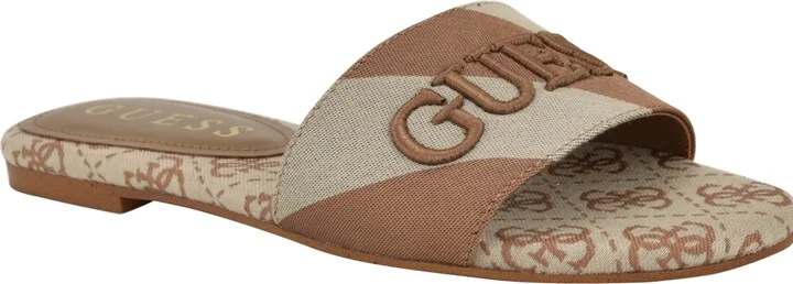 Guess Women's Harini Slip-On Logo Flat Sandals - Medium Brown/White Stripe Multi