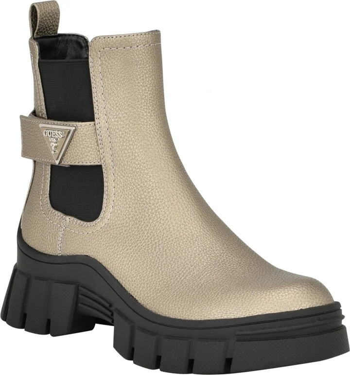 Guess Women's Hensly Lug Sole Side Gore Chelsea Booties - Pewter- Faux Leather- Polyurethane, Text