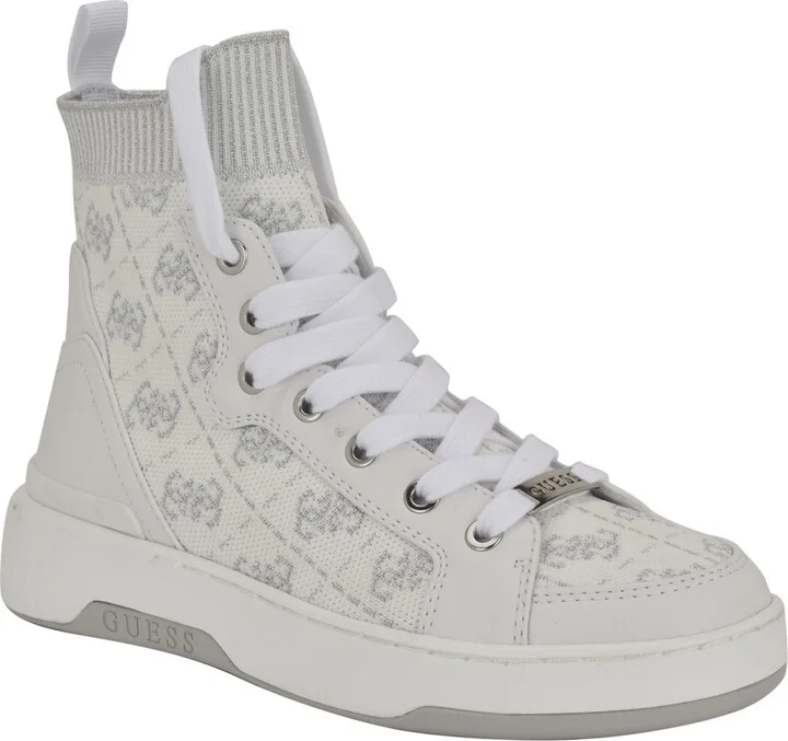 Guess Women's Mannen Knit Hi-Top Lace-Up Fashion Sneakers - White/Silver Logo