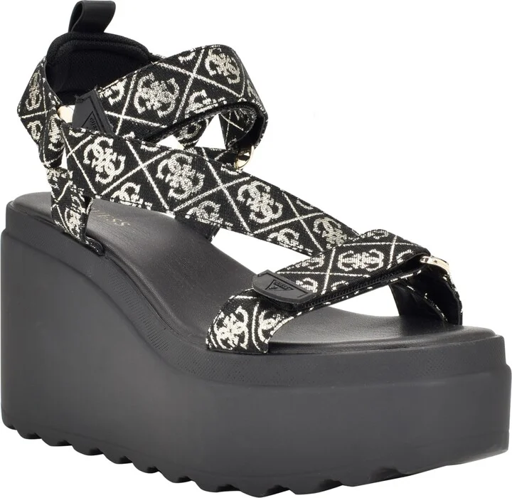 Guess Women's Ocilia Quattro Logo Sport Eva Wedge Strappy Sandals - Black, White Logo