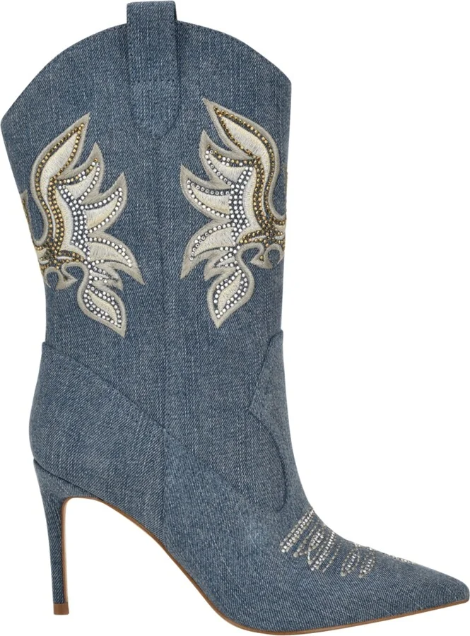 Guess Women's Rasima Denim Rhinestone Embellished High Heel Western Boots - Image 2