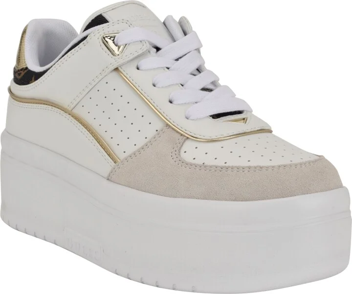 Guess Women's Ridgee Lace Up Platform Sneakers - White/Beige Multi