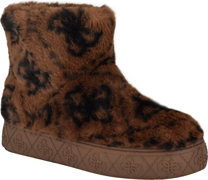 Guess Women's United Faux Fur Slip-On Short Booties - Medium Brown/Black Logo