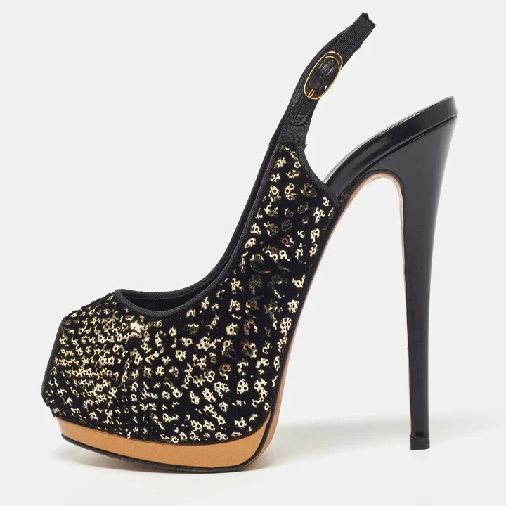Guiseppe Zannotti Black/Gold Sequins and Velvet Peep Toe Slingback Platform Sandals Size 37
