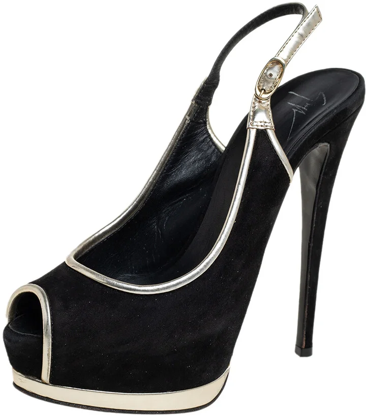 Guiseppe Zannotti Black/Silver Suede And Leather Trim Peep Toe Slingback Platform Sandals Size 37.5