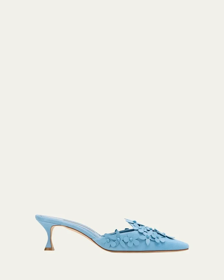 Harnes Flower Suede Kitten-Heel Mules