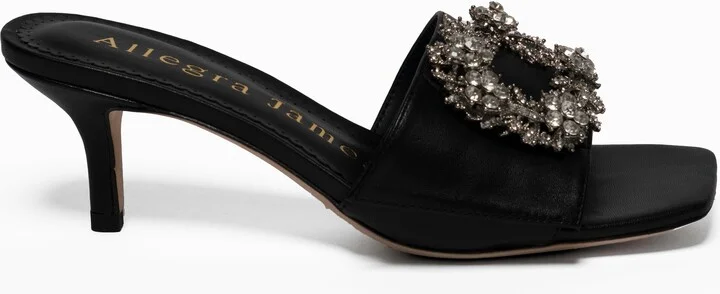 Harper Black Leather Rhinestone Kitten Heel Work Evening Sandal - Image 3