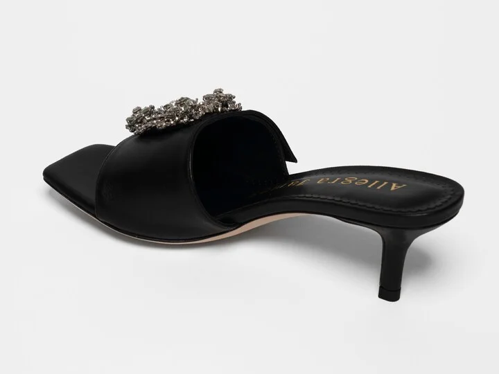 Harper Black Leather Rhinestone Kitten Heel Work Evening Sandal - Image 4