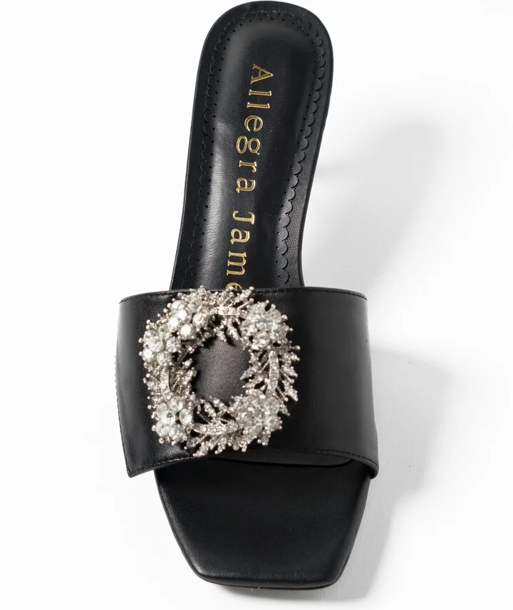 Harper Black Leather Rhinestone Kitten Heel Work Evening Sandal - Image 5