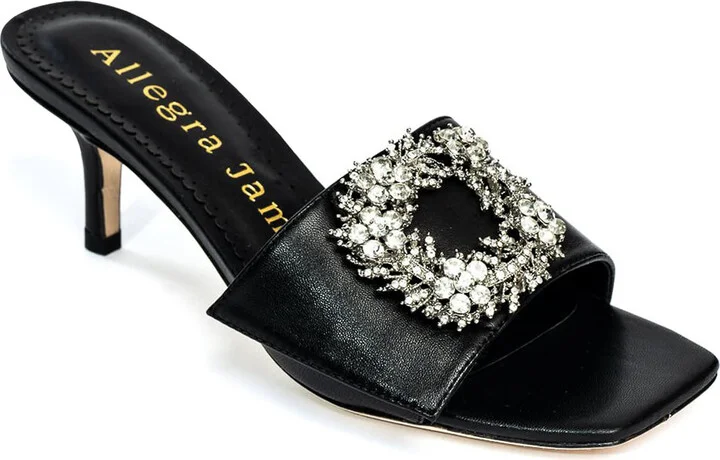 Harper Black Leather Rhinestone Kitten Heel Work Evening Sandal