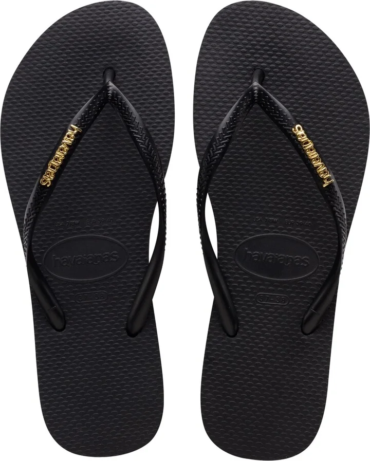 Havaianas Women's Slim Logo Metallic Slip On Sandals - Black, Golden - Image 3
