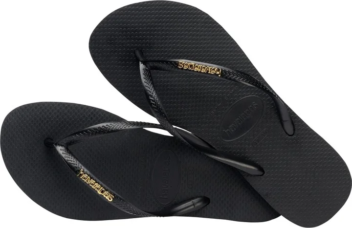 Havaianas Women's Slim Logo Metallic Slip On Sandals - Black, Golden - Image 4