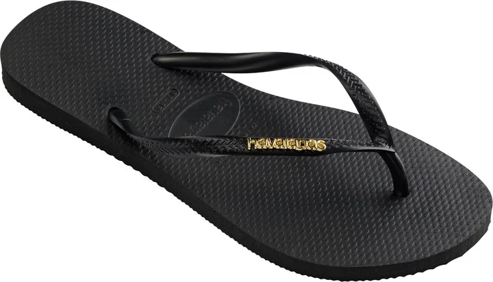Havaianas Women's Slim Logo Metallic Slip On Sandals - Black, Golden