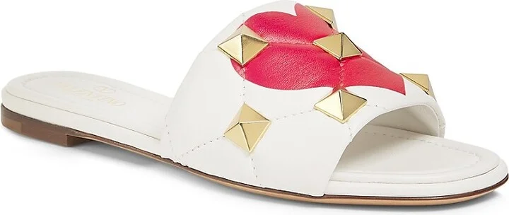 Heart Print Leather Rockstud Flat Sandals - Image 2