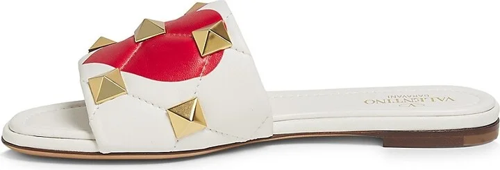 Heart Print Leather Rockstud Flat Sandals - Image 4