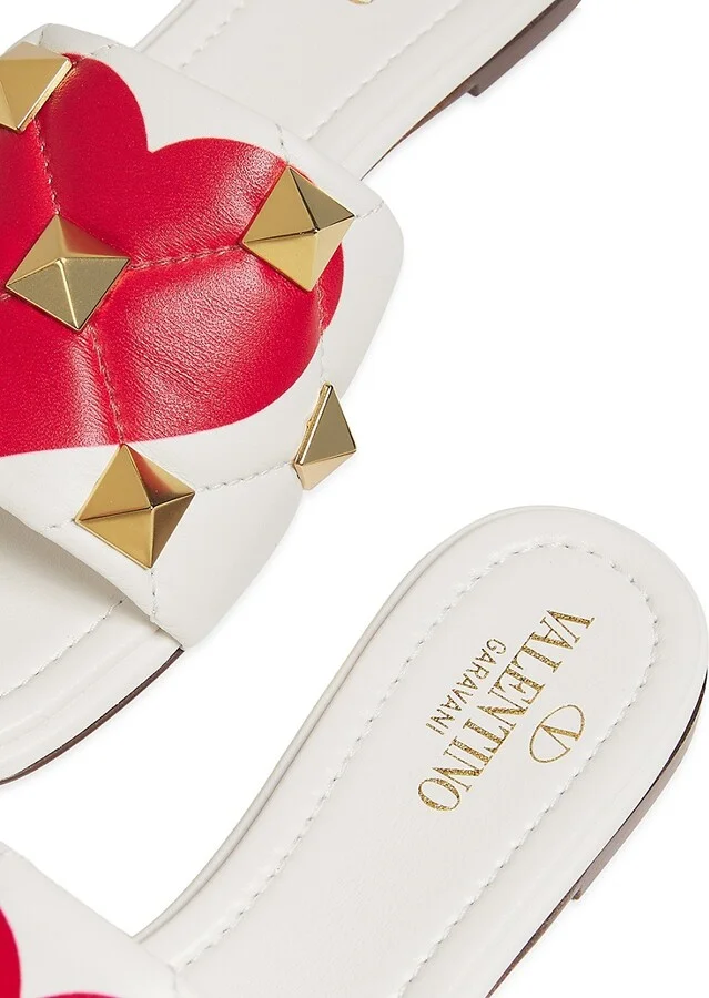 Heart Print Leather Rockstud Flat Sandals - Image 6
