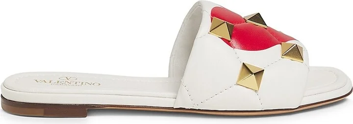 Heart Print Leather Rockstud Flat Sandals