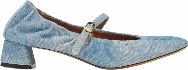 Heeled Mary Janes In Leather With A Faded Denim Effect