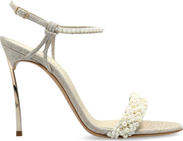 Heeled Sandals With Pearl Applications, , - Cream