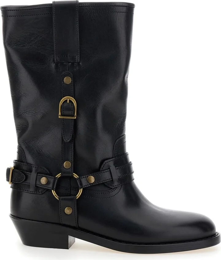 'heiko' Black Ankle Boots With Studs And Ring In Leather Woman